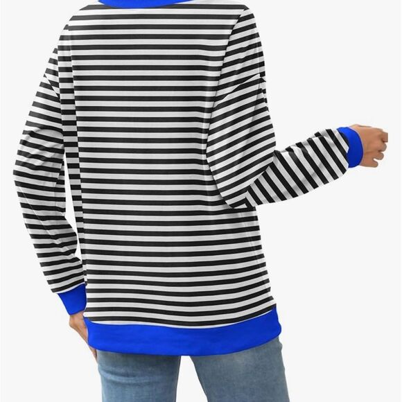 ⚫ New Black & White Striped Long Sleeve Top w/ Blue Trim – Size Large - Picture 4 of 5